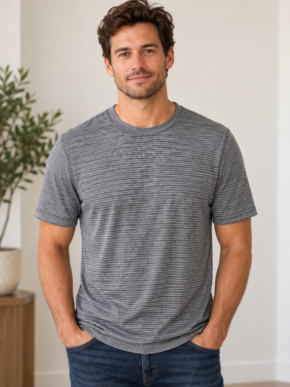 prAna Men’s Gray Micro Stripe Performance Tee Minimalist Athleisure Travel Shirt